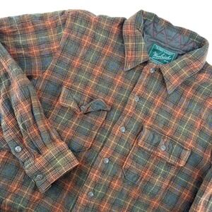 Woolrich 100% Wool Flannel Shirt Mens L Olive Orange Plaid Button Down Heavy